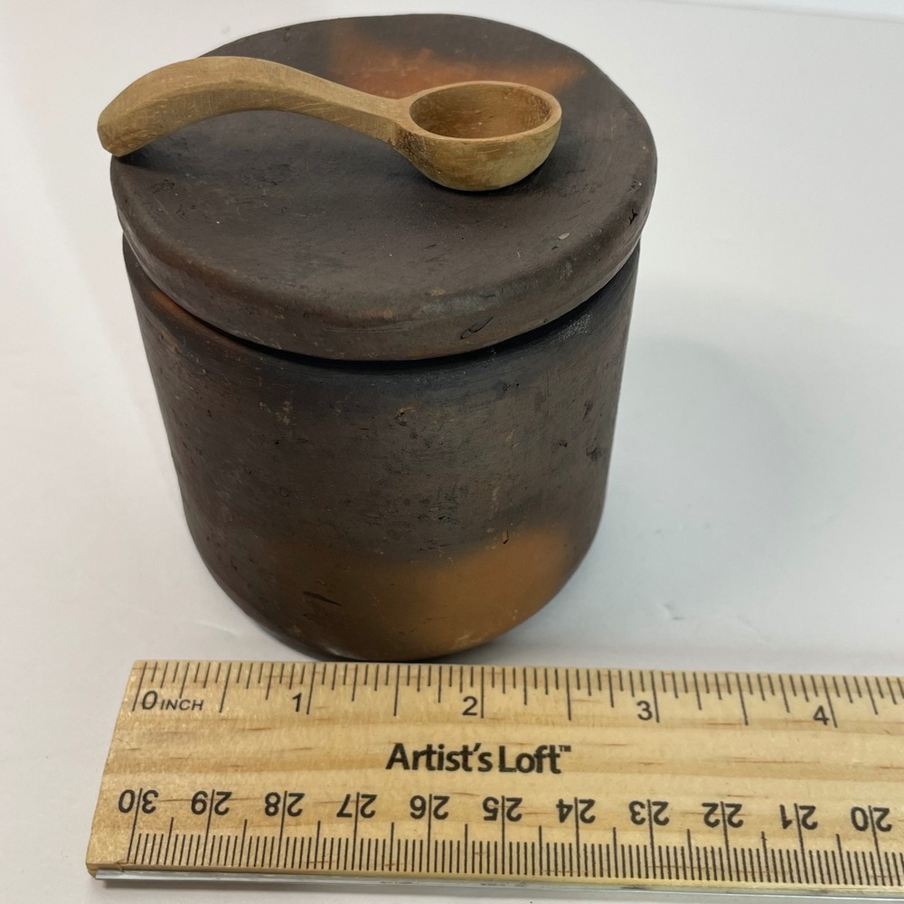 Artisanal Salt Cellar Set Smoke Fired Clay and Carved Stone with Spoons - Picture 4 of 16